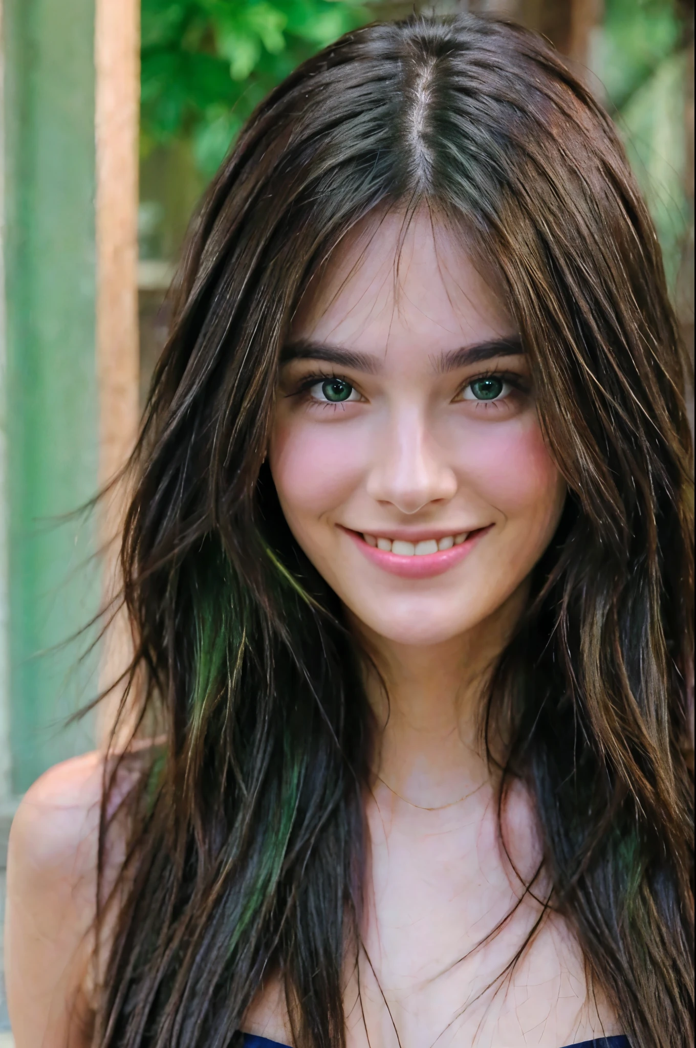 Beautiful brunette smiling, green eyes, long hair, front face