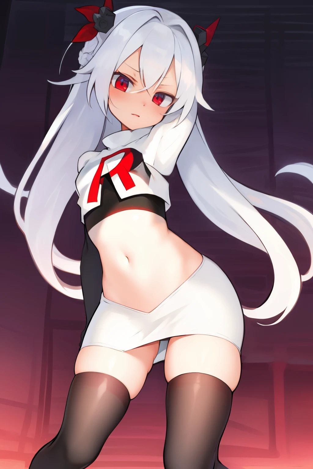 masterpiece:1.2,best quality:1.2, incredibly absurdres, absurdres, highres, wallpaper, colorful, anime,
1girl, solo, vampire \(azur lane\), petite, white hair, long hair, twintails, red eyes, adapted turret, team rocket,team rocket uniform,white skirt,red letter R,crop top,black thigh-highs,black elbow gloves