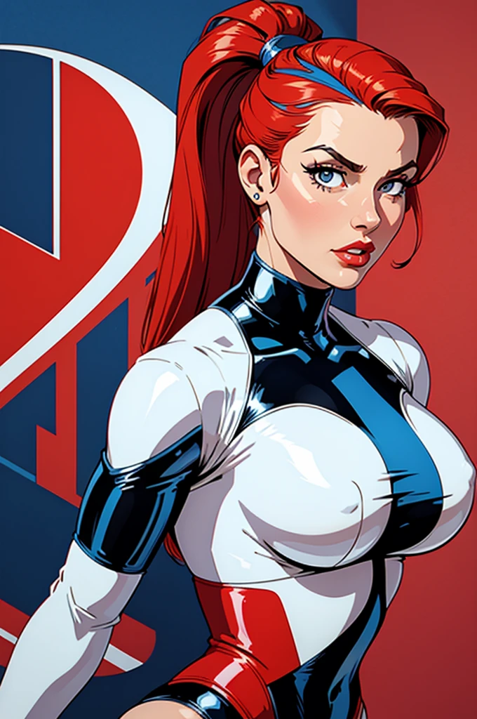 woman, retro futurism, ponytail,latex leotard with red and blue stripes, white neutral scenario