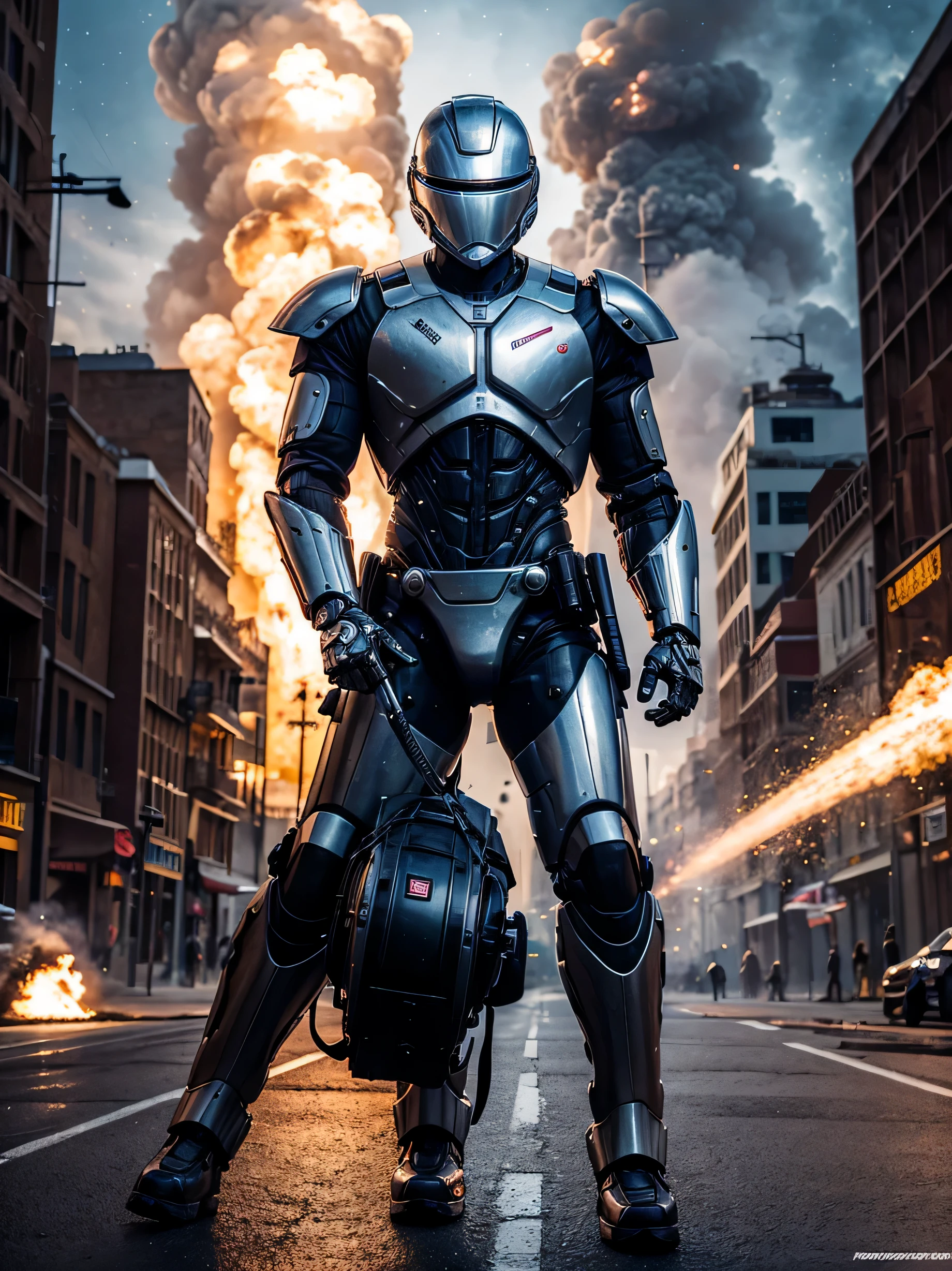 explosions, roupas brancas, capacete completo com viseira , terminador cromado branco como robocop como ciborgue, com arma grande, rebites, an oil painting, rebites, as cores neutras, Paulo Hedley , feliz, action movie poster, belas artes. royo. Vista completa. explosions behind. noite. andando. explosions