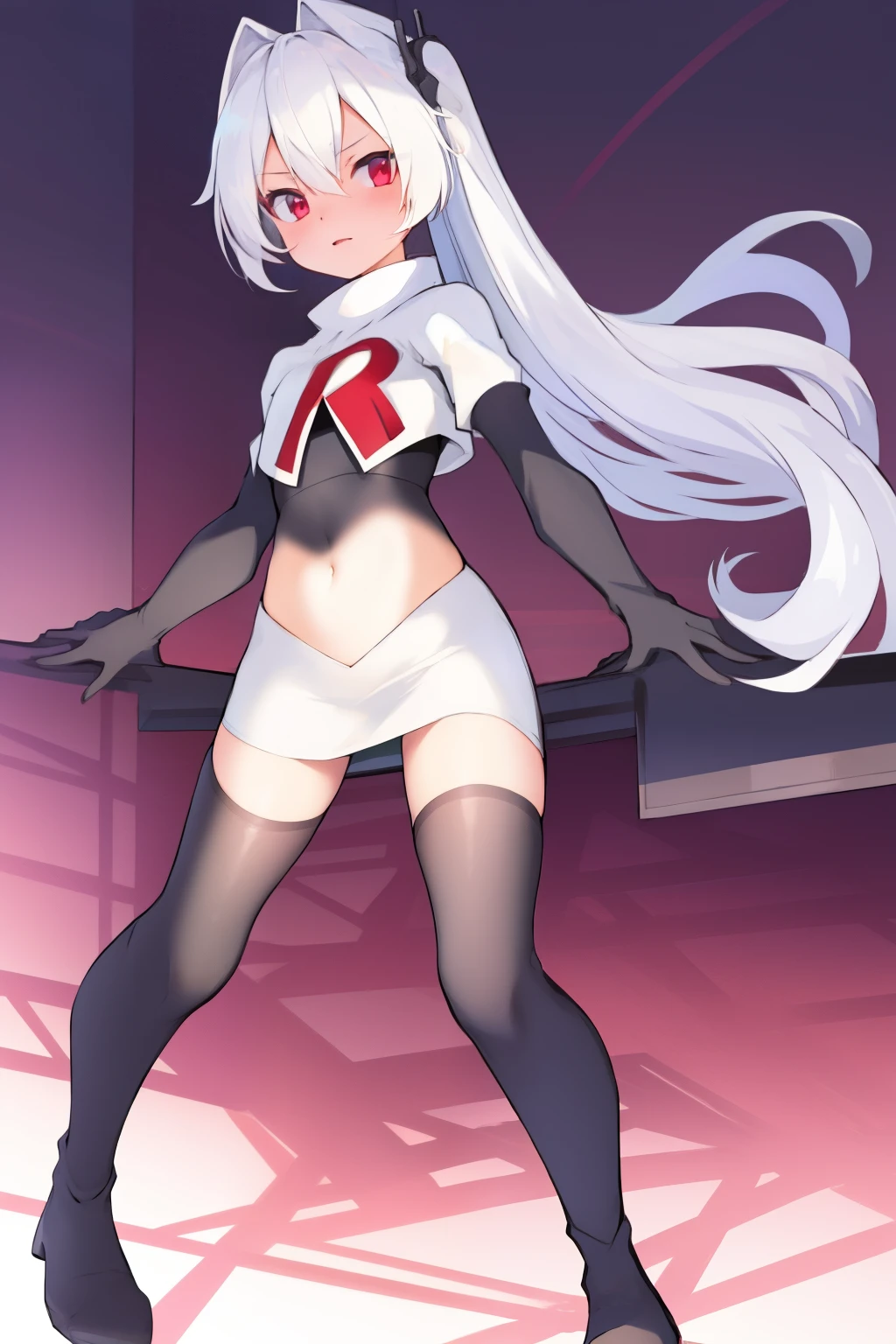 masterpiece:1.2,best quality:1.2, incredibly absurdres, absurdres, highres, wallpaper, colorful, anime,
1girl, solo, vampire \(azur lane\), petite, white hair, long hair, twintails, red eyes, adapted turret, team rocket,team rocket uniform,white skirt,red letter R,crop top,black thigh-highs,black elbow gloves