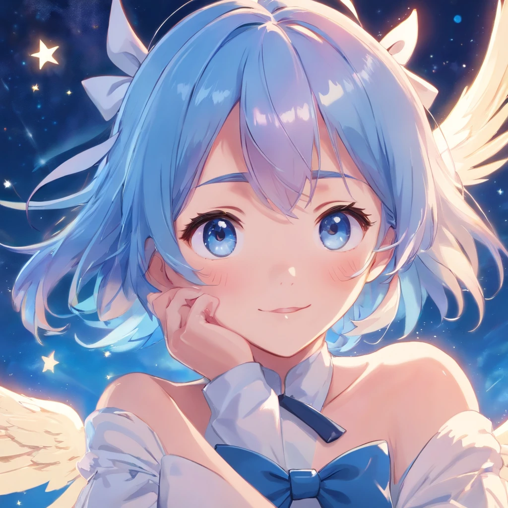(masterpiece), Best quality, Expressive eyes, Perfect face, masterpiece,Girl angel with blue hair and blue eyes with stars and bows on her head, close-up, Bright, Happy, Warm soft lighting. 