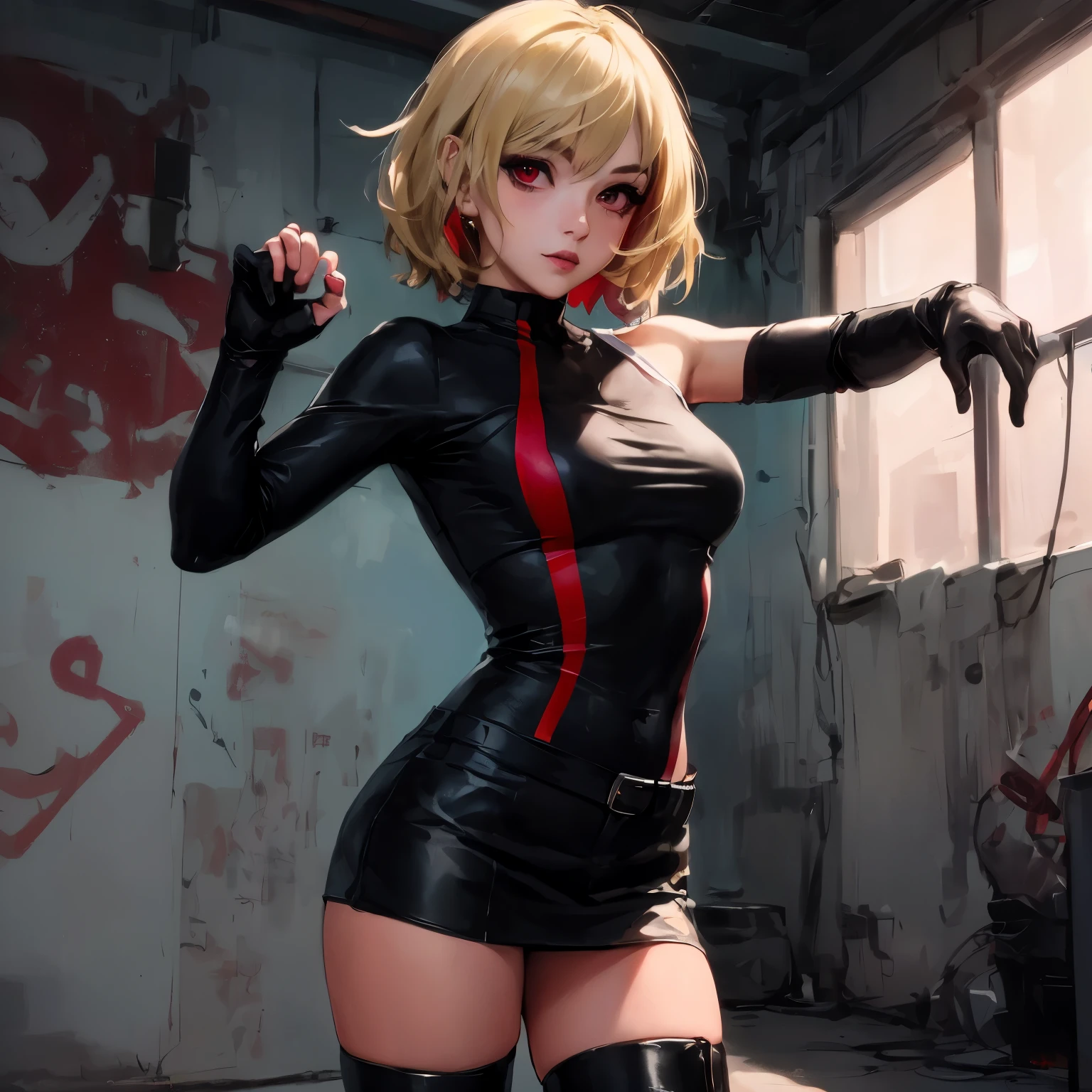 (ultra-realistic, highres, best quality, 4k, professional, cowboy shot, beauty sky, in the night, blindfold, bondage), an illustration in Full HD that showcases a 21-year-old girl's cool style, beauty eyes, sharp eyes. Her Asymmetric Pixie hairstyle, silver hair, short hair, and left-facing bangs with red highlights make her stand out, Smile, blushes, She's dressed fashioned clothes, short pants, bondage, rope bondage, full body bondage, blindfold, sitting on the chair, beauty sky, in the night, exuding confidence and individuality.
