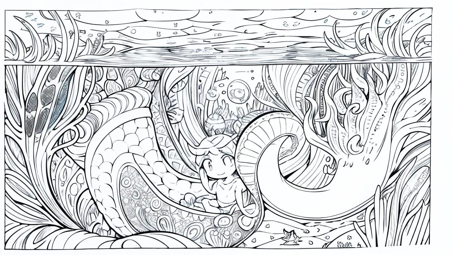 coloring page for kids, Dive into an underwater world with mermaids and sea creatures, cartoon style, tick lines, low detail, no shading --ar 9:11 --v5