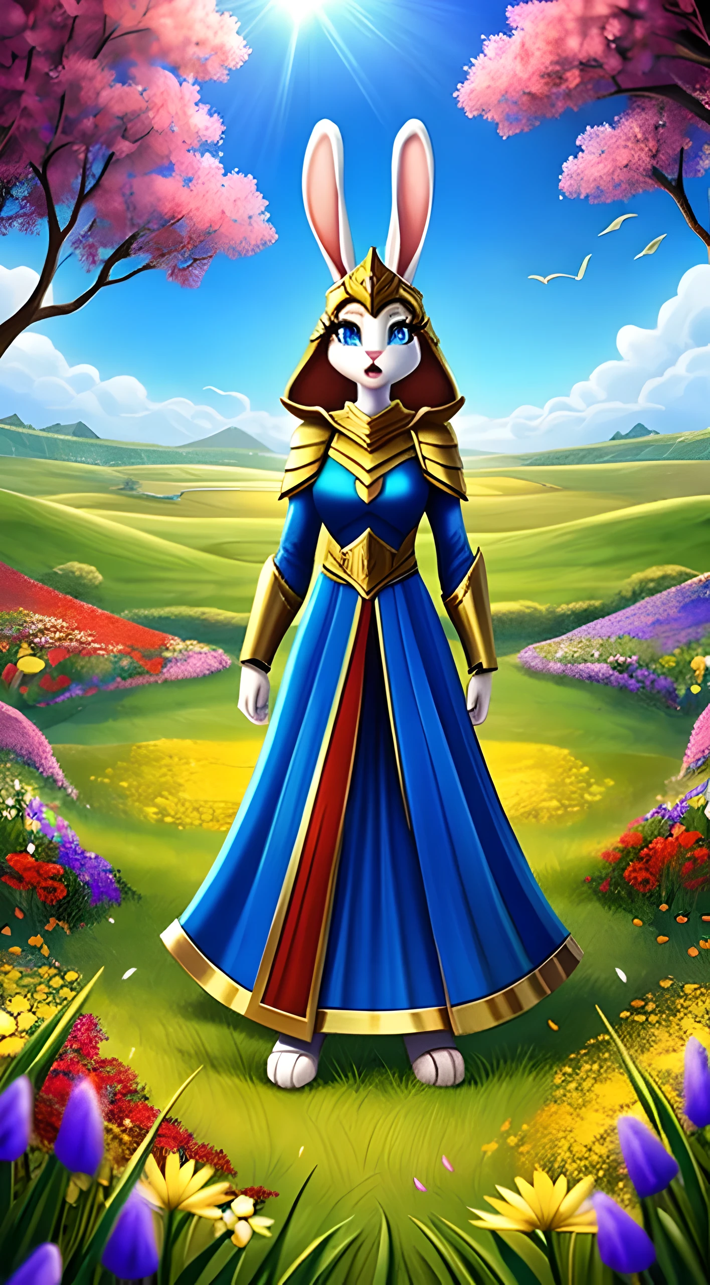 zoomed out image, fantasy style art, a shapely female white bunny with blue eyes, poofy rabbit tail, long eyelashes, heroic look, shouting, wearing a fantasy style suit of golden armor and a red undersuit, standing and holding a fantasy golden sword, stunning visuals, in a grassy valley with colorful flowers, sunny day, digital illustration