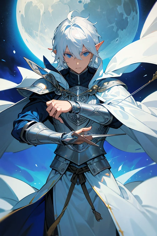 ultra-detailed, pointy ears, white hair, blue eyes, short hair, wears silver armor on his chest, on his sleeves he wears a white fabric up to his hands, wears a silver bracelet on his left hand, on his right hand he wears a silver armor that covers his full arm, wears a blue cape with golden decorations on the back, he wears silver armor on his right shoulder over the cape, holding a white bow and arrow in his hands, the cloth is the moon, a face, ethereal lighting, mystical atmosphere, vibrant colors
