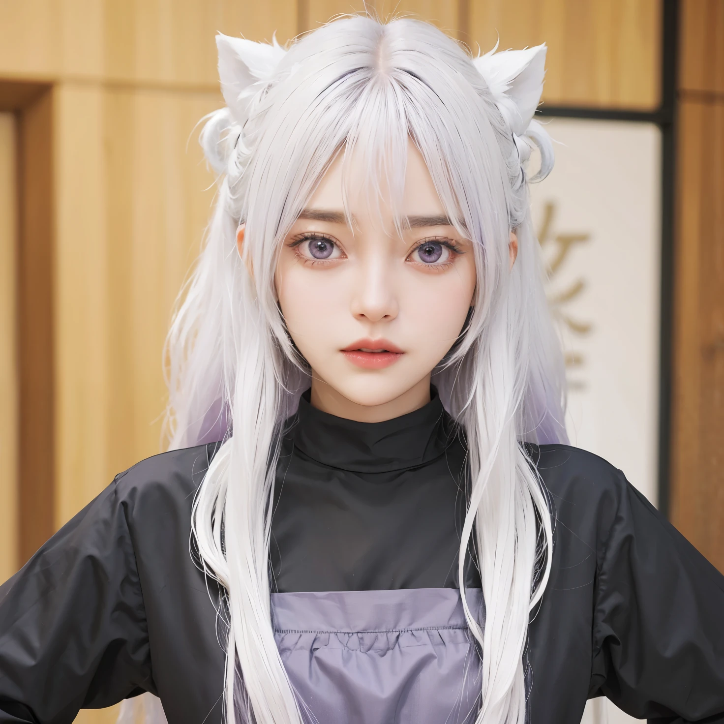 Lora realistic white hair, purple hair roots, black clothes, purple house image