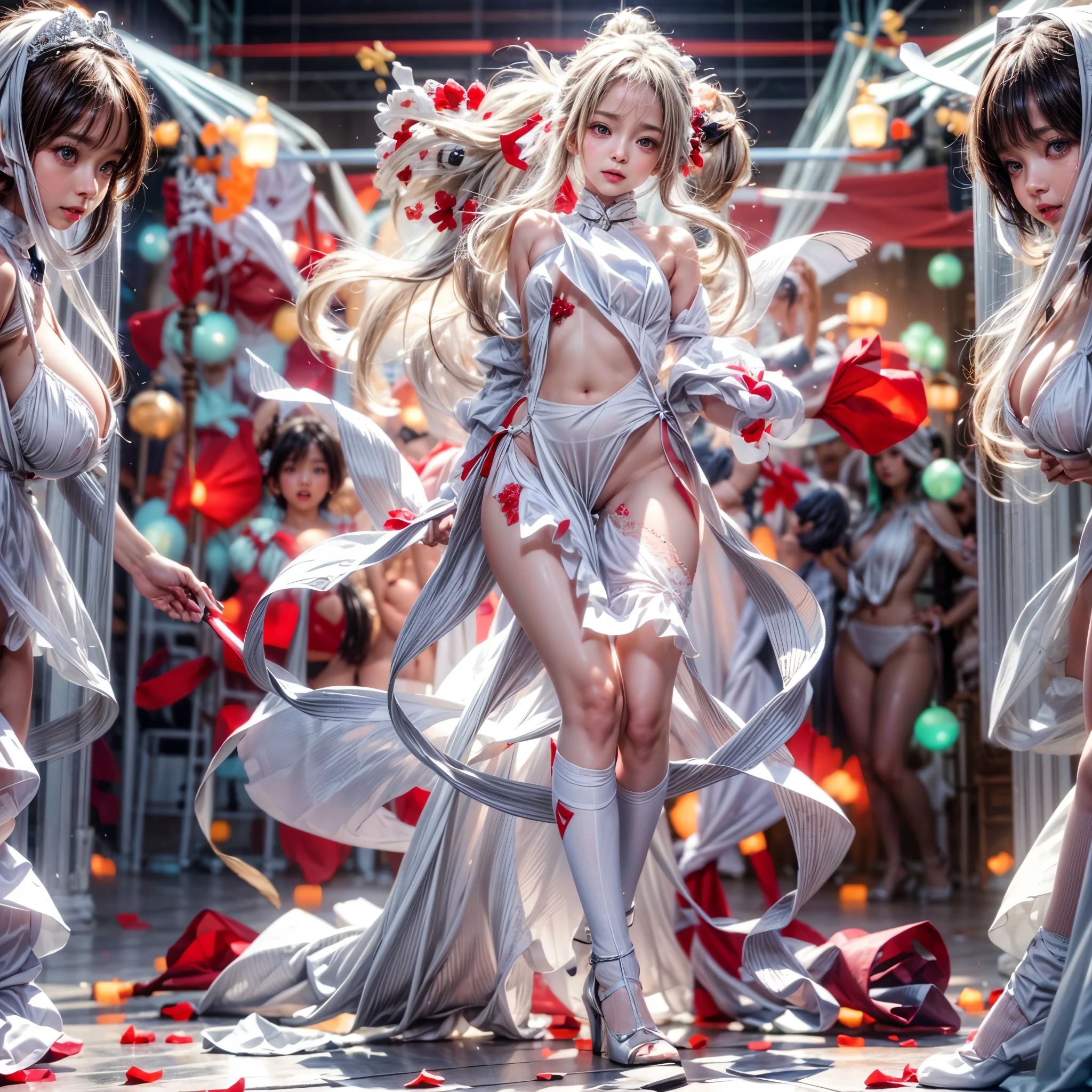 ((NSFW:-0.9, (nipple:-0.9), Acutance:0.85, White and Red, Mystic sight, (many Dazzling flush lights with lens flares) and lens Ghost, Luminous Particles, many colorful Lights )) . best quality, (masterpiece:1.3, realistic, photorealistic, ((analog photo:1.37)), ultra detailed:1.3) . (Amazing KAWAII Idols Walking on stage), ((Extremely detailed (KAWAII face variations))) with joyful expressions, { oiled ivory skin | Overflowing Biomechanical HUGE and HEAVY boob | pretty hips | (Exquisitely White dress with back cutouts) | Full of flowers covering girl's body | long hair:-0.6 }, (Visible naked backs with Overflowing sideboob), (Red highheels, Walking on stage, large crowd:1.4) . (((Ass focus, butt crack))), Whole Body proportions and all limbs are anatomically accurate .
