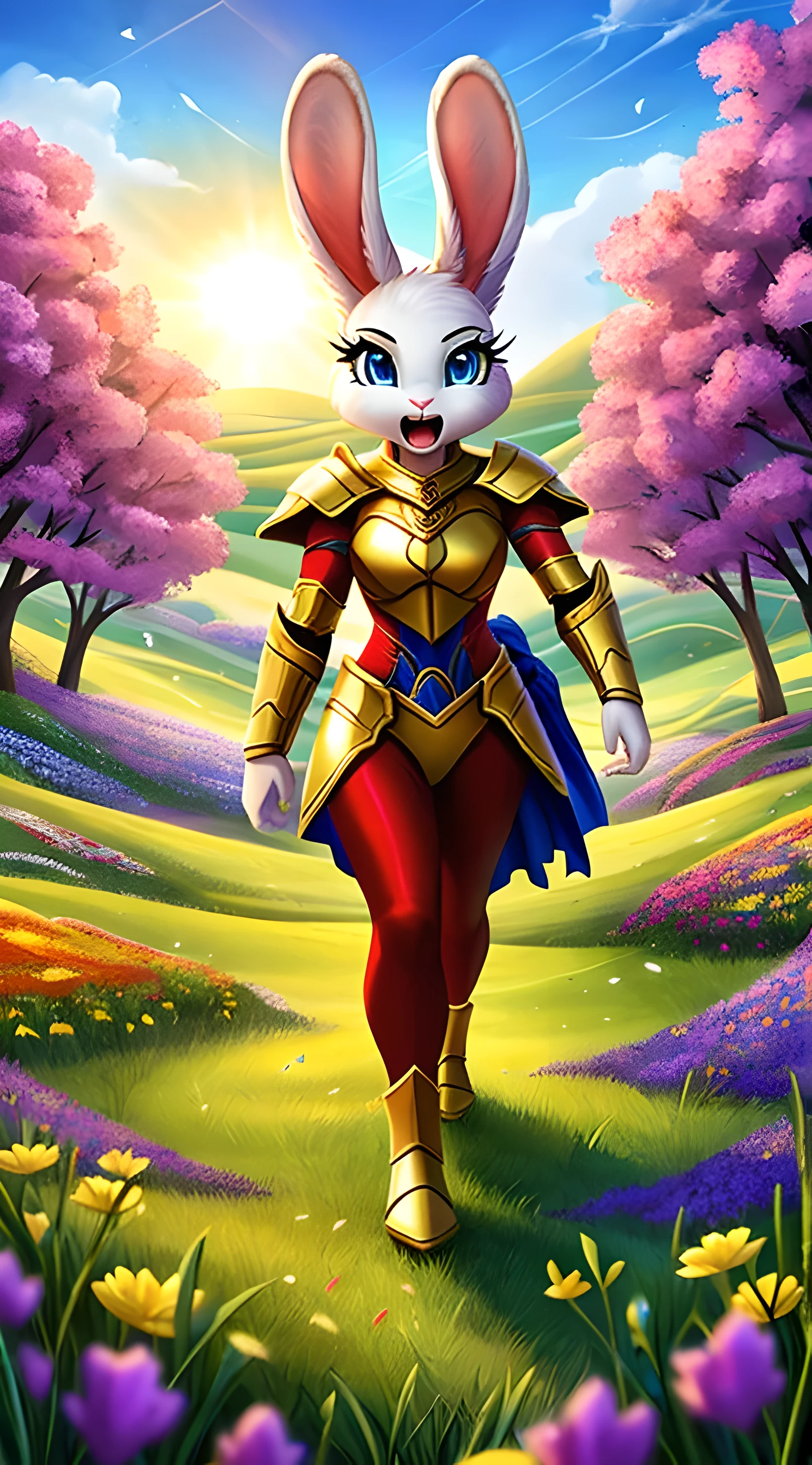 zoomed out image, fantasy style art, a shapely female white bunny with blue eyes, poofy rabbit tail, long eyelashes, heroic look, shouting, wearing a fantasy style suit of golden armor, red tights, holding a fantasy golden sword, stunning visuals, in a grassy valley with colorful flowers, sunny day, digital illustration
