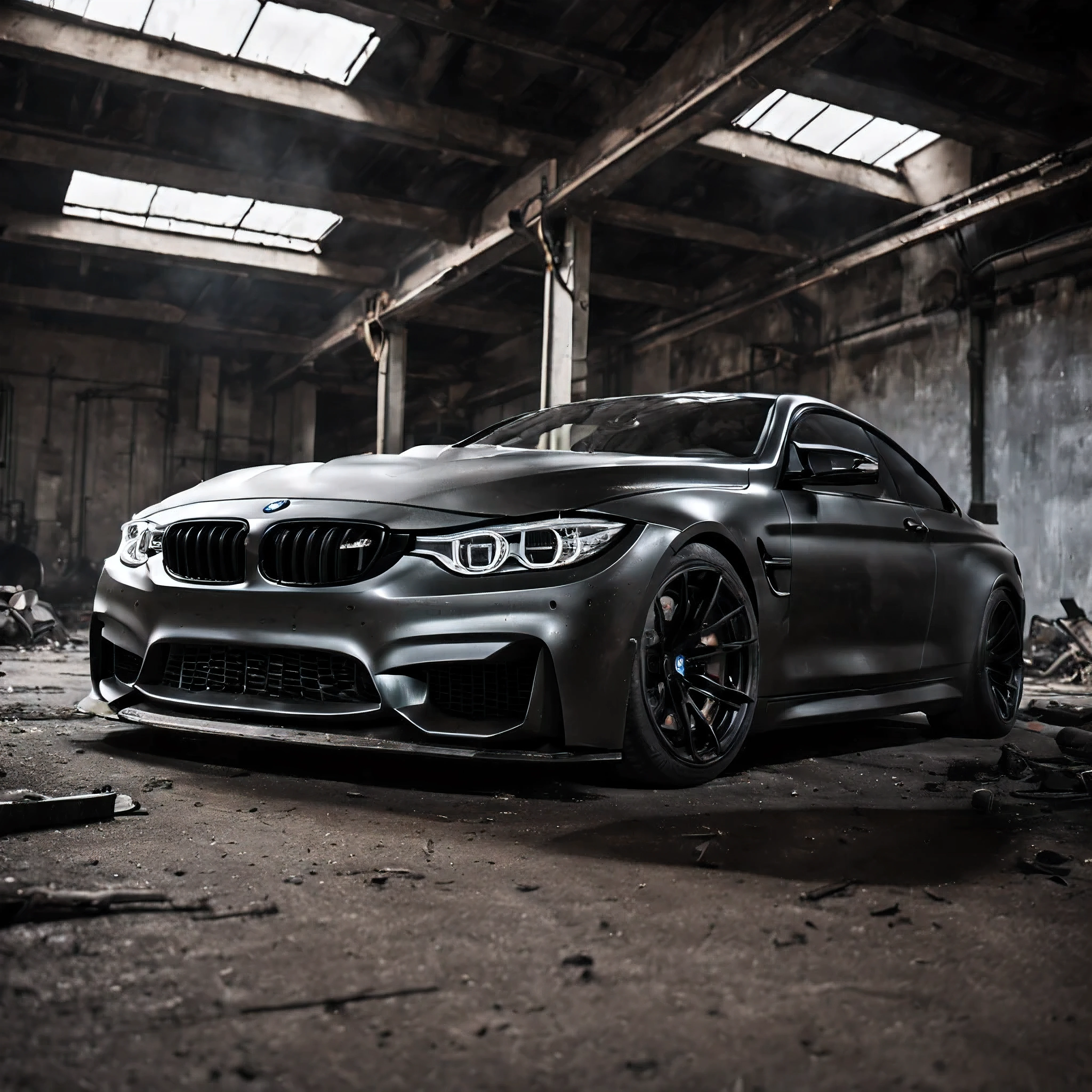 In an abandoned industrial setting, a BMW M4 revs its engine, echoing through the empty spaces. As the car accelerates, it undergoes a startling transformation, turning into a menacing, snarling monster with sharp claws and a growling grille. Capture the intensity of this metamorphosis, showcasing the fusion of automotive elegance and primal rage