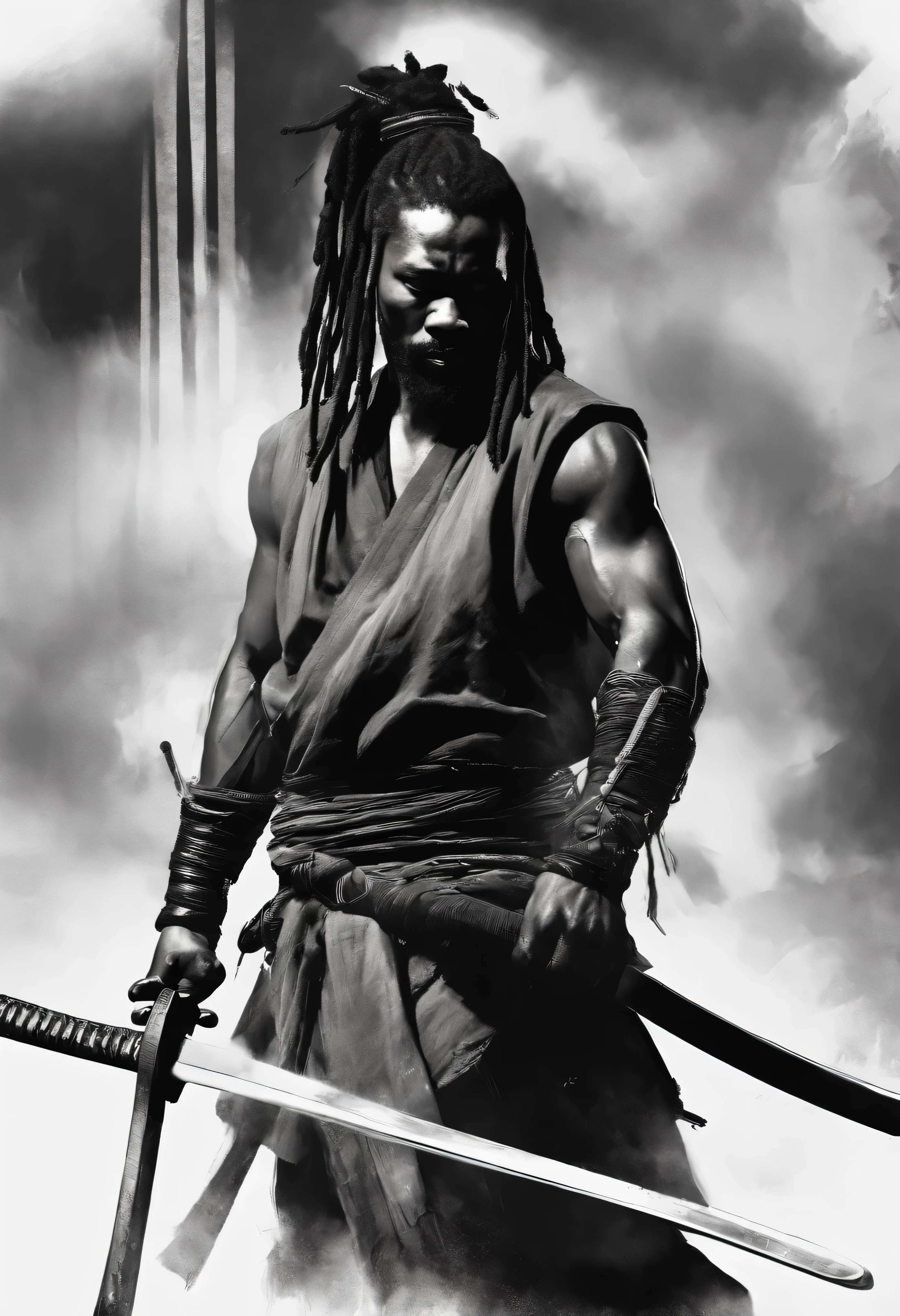 an image of Yasuke o primeiro samurai negro com dreadlocks empunhando uma katana, Nenhum estilo de Russ Mills, Michael Garmash, charming sketches, mono-ha, Contemporary Asian art, Lilia Alvarado, Pincelada concisa --AR 69:128 --s 750 --V 5. 2, pinceladas nas cores do reggae