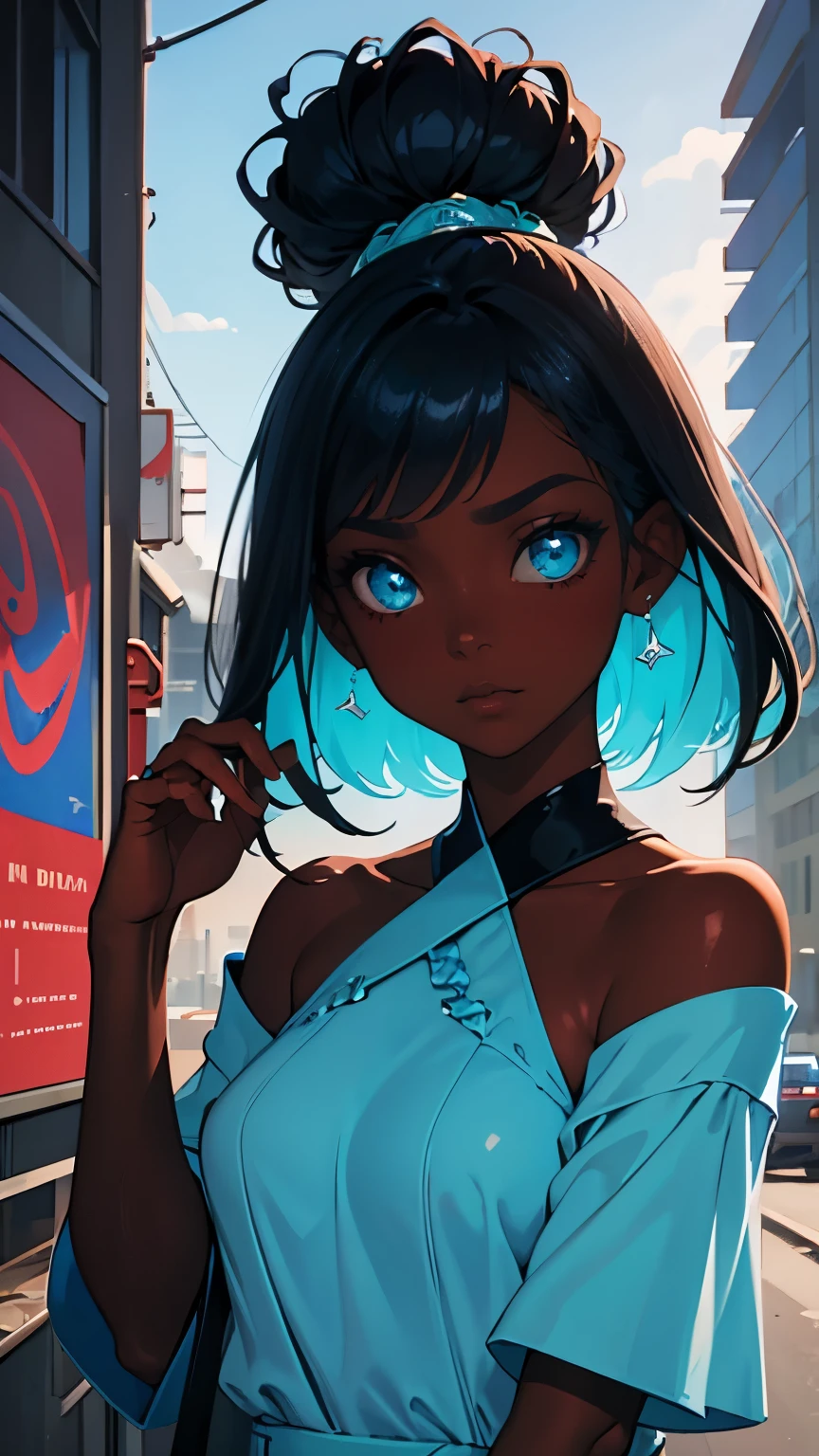 Pretty black woman with a champagne flute, funkypop, cyberdelic, grunge, hyperrealistic anime, lofi art, luminism, manga, medium shot, chemiluminescence, flare, flourescent lightin, character design, atey ghailan, basquiat, colorful_frequencies, ink, aqua colors, auburn color, black olive, blue violet, bordo color, burnt sienna, electric colors, iridescent, dynamic pose, nouveau realisme, city background, Burberry, african american, femme fatale