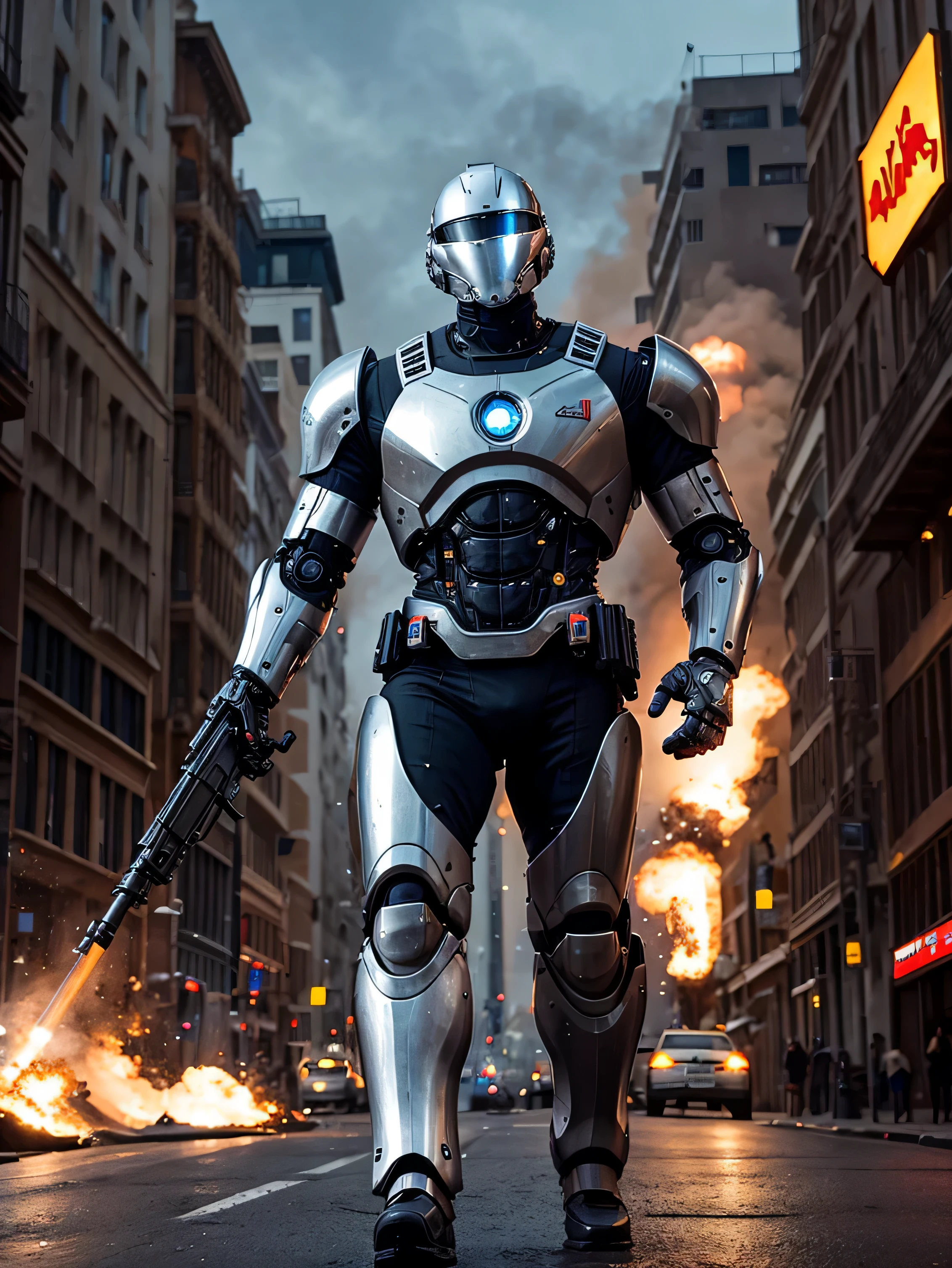 explosions, roupas brancas, capacete completo com viseira , terminador cromado branco como robocop como ciborgue, com arma grande, rebites, an oil painting, rebites, as cores neutras, Paulo Hedley , feliz, action movie poster, belas artes. royo. Vista completa. explosions behind. noite. andando. explosions