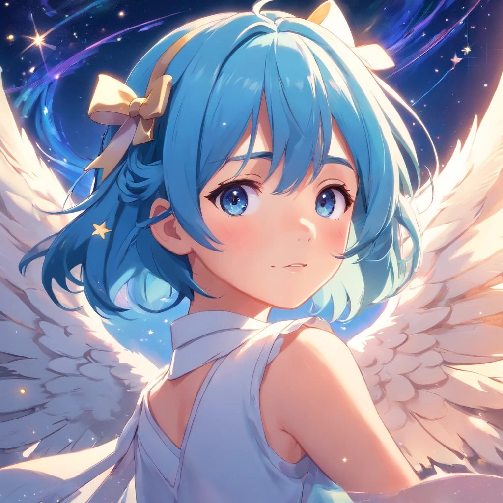 (masterpiece), Best quality, expressive eyes, Perfect face, masterpiece,angel girl with blue hair, about stars in the eyes and bows on the head, close-up, Happy, Warm soft lighting.