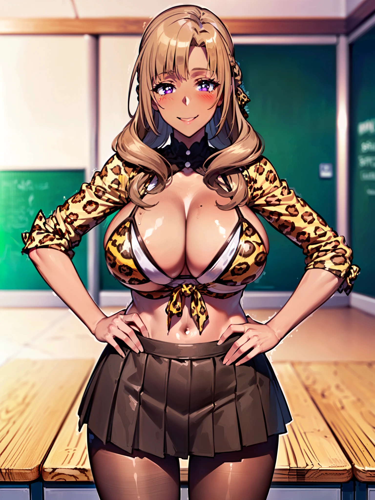 masterpiece, best quality, extremely detailed, 1girl, gyaru, solo, (dark brown skin:2), mamako_oosuki, (huge breasts:1.2), ((((blonde hair), long hair, purple eyes))), parted lips, (((tied shirt, open clothes, bikini, leopard print, pleated skirt, pantyhose))), ((blush, naughty smile), closed mouth), ((hands on own hips, classroom))