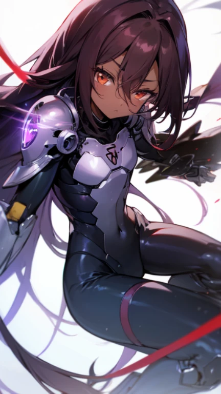 (Mecha musume),Masterpiece, Top quality, high resolution, highres, 8k, best quality, , 1 male, shota, cute, innocent, ((dark skin)),  otokonoko, red eye's, dark brown hair very long hair in a side-swept style smooth, wearing an a black exosuit bodysuit, black gaunlets, wist cloak, cute artstyle, stand still, close up, mecha armour attachment, (Shuvi), (deus ex machina armour), (no game no life), 