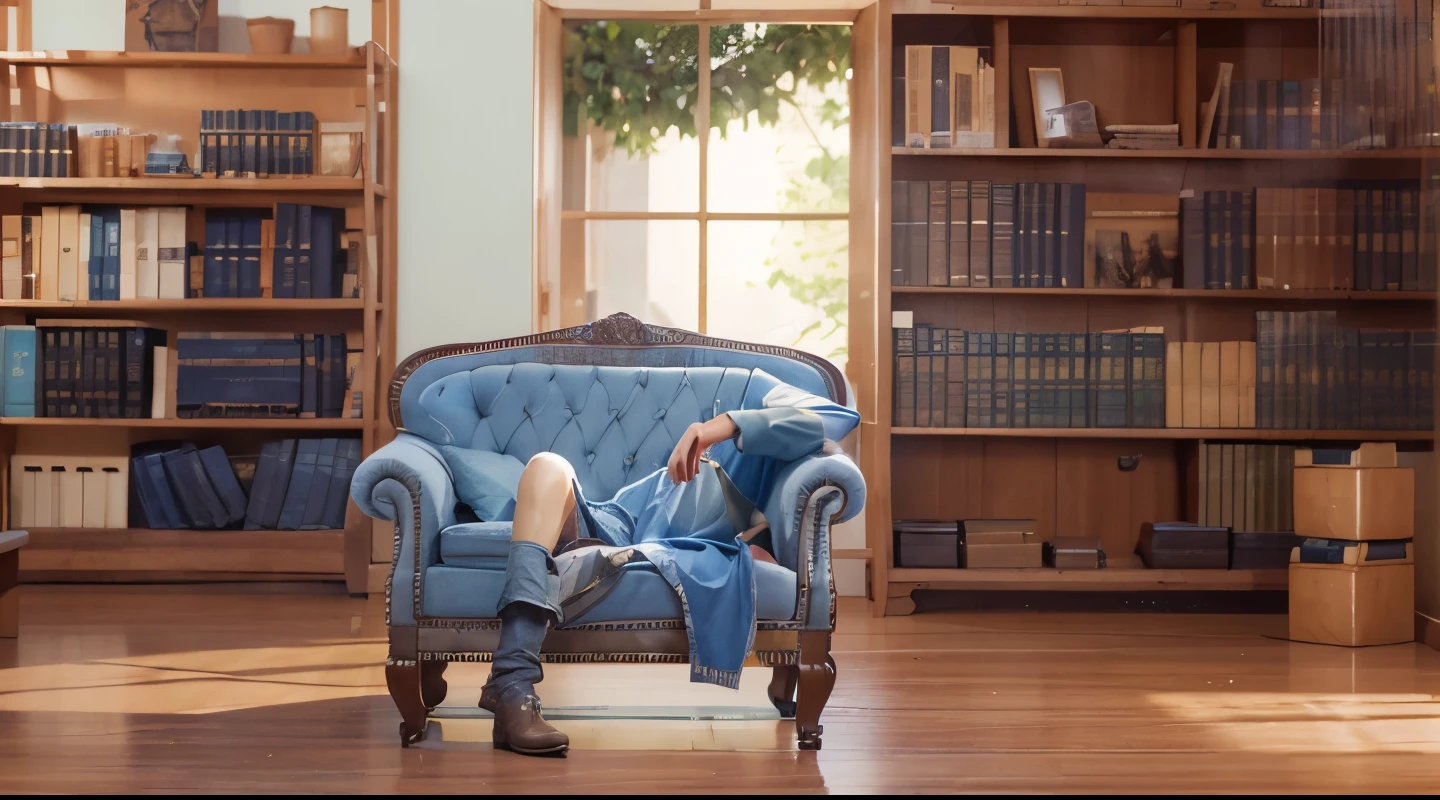 Library with a blue chair in the middle of the room, no one, model shooting style, (extremely detailed CG Unity 8k wallpaper). photos of beautiful works of art in the world. professional majestic oil painting. Atey Gaylan, Studio Ghibli. Jeremy Mann, Greg Munchess, Antonio Moro, trending on artstation, trends on CGSociety, trending on DevianAtr. difficult. high detail, Sharp Focus, dramatic. friendly and warm mood, hospitable, extremely detailed picture, Greg Rutkowski, Henry Justice Ford and Steve Henderson, trending on artstation, from rads, Andreas Rocha, Rossris, Makoto Shinkai, Lori Grisley, Lois van Baerle, ilya kuvshinov and greg rutkowski
