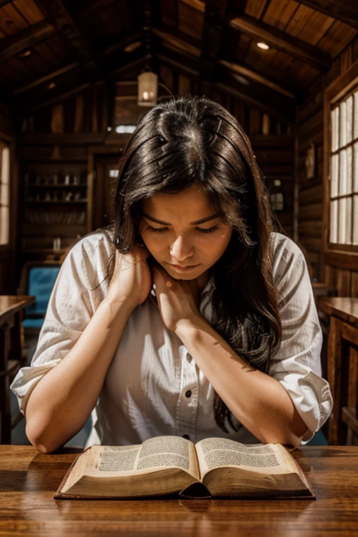 sick lady praying to God in front of a bible on a table in a wooden house