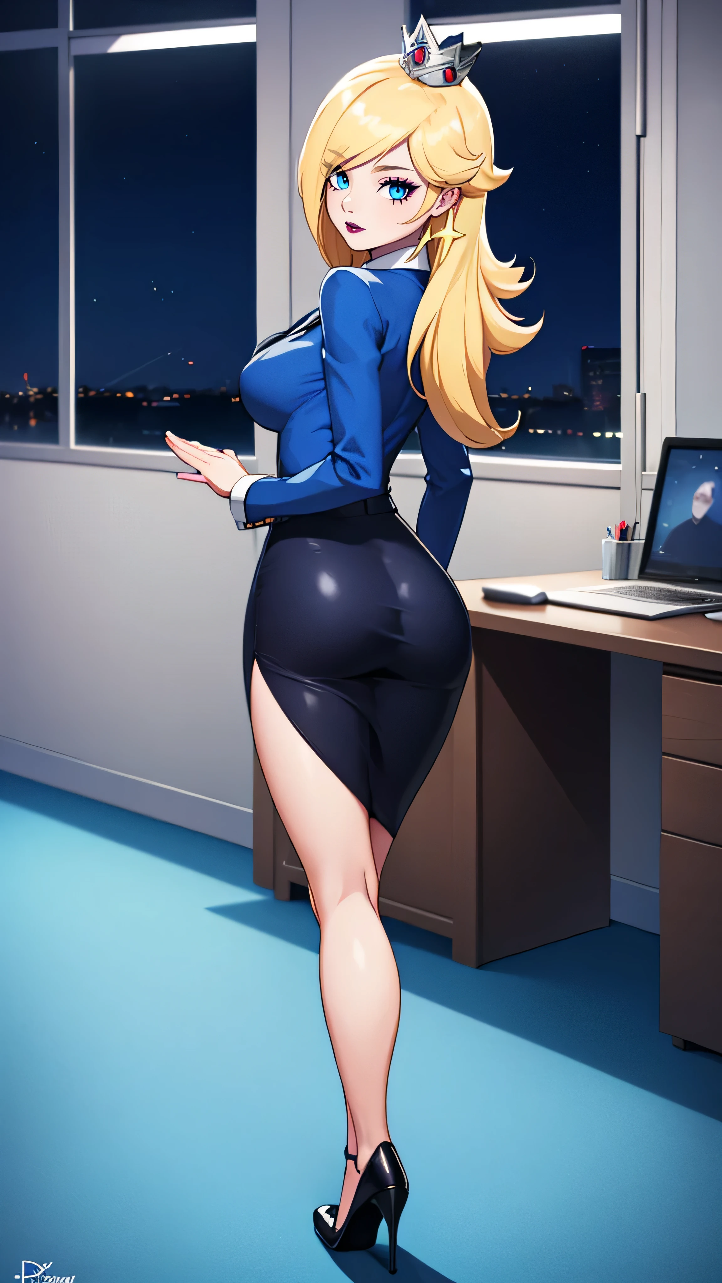 ((high detailed, best quality, 4k, masterpiece, hd:1.3)), BREAK night, window, moonlight, landscape, (in office), indoors, business office, office workers working in the office, many people are busy working, window, desk, chair, computer, ceiling light, Rosalina, BREAK neon blue eyes, seductive, attractive, sexy smile, smiling, smooth anime cg art, 36C breasts, (long fitness legs), vivid colors, detailed digital art, slim body, perfect skin, blonde hair, long hair, BREAK crown, BREAK looking at viewer, extremely detailed face, navy_blue necktie, blue jacket, black shirt, blue pencil skirt, full body, (blue high heels), earrings, gem, dark black makeup lips, dark gothic eyeshadows, dark eyeshadows, black eyeshadows, black sexy lips, black lips, (dark:1.2), dark lips, very dark lips, (perfect hands, perfect anatomy), black makeup, detailed fingers, five fingers per hand, 5 fingers, (1 girl), detailed lips, detailed black lips, black painted lips, gothic painted lips, (with your back turned:1.5, looking back pose), (looking back), (arms outstretched:1.3),