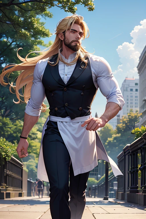 A muscular blonde haired male chef with blue eyes with a dark beard and long hair is running through the park
