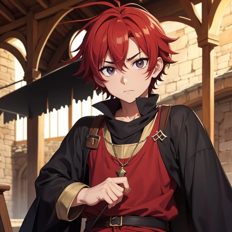 Imagen anime de un chico que tiene ropa medieval que tiene una mirada de odio en sus ojos y esta muy enojado sus ojos son rojos 
