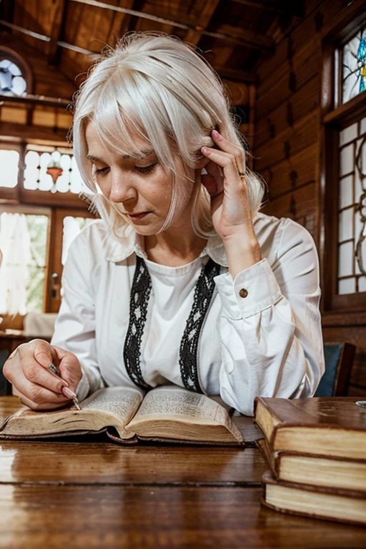 elderly lady sick white hair praying to God in front of a bible on a table in a wooden house