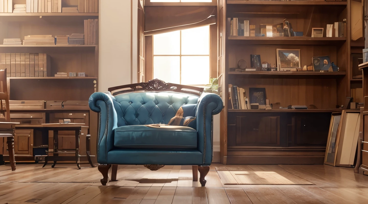 Library with a blue chair in the middle of the room, no one, model shooting style, (extremely detailed CG Unity 8k wallpaper). photos of beautiful works of art in the world. professional majestic oil painting. Atey Gaylan, Studio Ghibli. Jeremy Mann, Greg Munchess, Antonio Moro, trending on artstation, trends on CGSociety, trending on DevianAtr. difficult. high detail, Sharp Focus, dramatic. friendly and warm mood, hospitable, extremely detailed picture, Greg Rutkowski, Henry Justice Ford and Steve Henderson, trending on artstation, from rads, Andreas Rocha, Rossris, Makoto Shinkai, Lori Grisley, Lois van Baerle, ilya kuvshinov and greg rutkowski