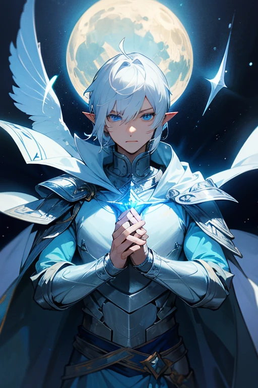 ultra-detailed, pointy ears, white hair, blue eyes, short hair, wears silver armor on his chest, on his sleeves he wears a white fabric up to his hands, wears silver bracelets on his two hands, wears a blue cape with gold decorations on the back, He wears silver armor on both shoulders over the cape, holding a celestial bow in his hands, the cloth is the moon, a face, ethereal lighting, mystical atmosphere, vibrant colors