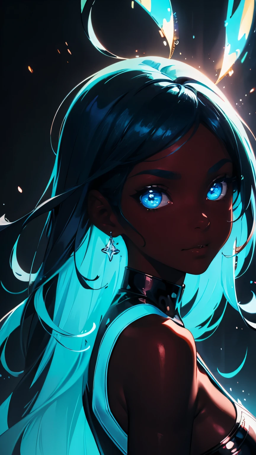 Pretty black woman with a champagne flute, funkypop, cyberdelic, grunge, hyperrealistic anime, lofi art, luminism, manga, medium shot, chemiluminescence, flare, flourescent lightin, character design, atey ghailan, basquiat, colorful_frequencies, ink, aqua colors, auburn color, black olive, blue violet, bordo color, burnt sienna, electric colors, iridescent, dynamic pose, nouveau realisme, city background, african american, femme fatale