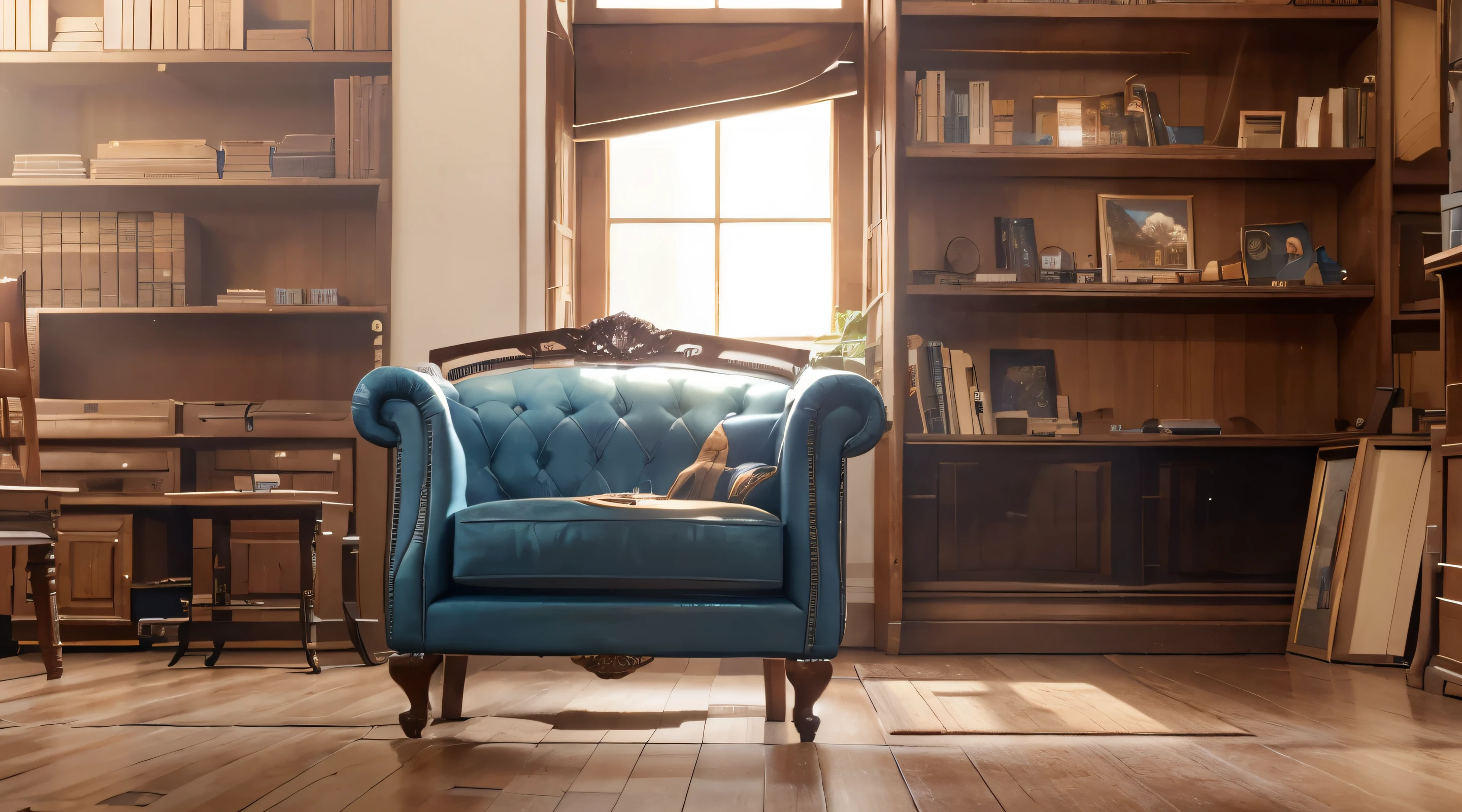 Library with a blue chair in the middle of the room, nobody, model shooting style, (extremely detailed CG Unity 8k wallpaper). photographs of beautiful works of art from around the world. professional majestic oil painting. Atey Gaylan, Studio Ghibli. Jeremy Mann, Greg Munchess, Antonio Moro, trending on artstation, CGSociety trends, trending on DevianAtr. difficult. high detail, Sharp Focus, dramatic. friendly and warm mood, hospitable, extremely detailed image, Greg Rutkowski, Henry Justice Ford and Steve Henderson, trending on artstation, from rad, Andreas Rocha, Rossris, Makoto Shinkai, Lori Grisley, Lois van Berle, ilya kuvshinov and greg rutkowski