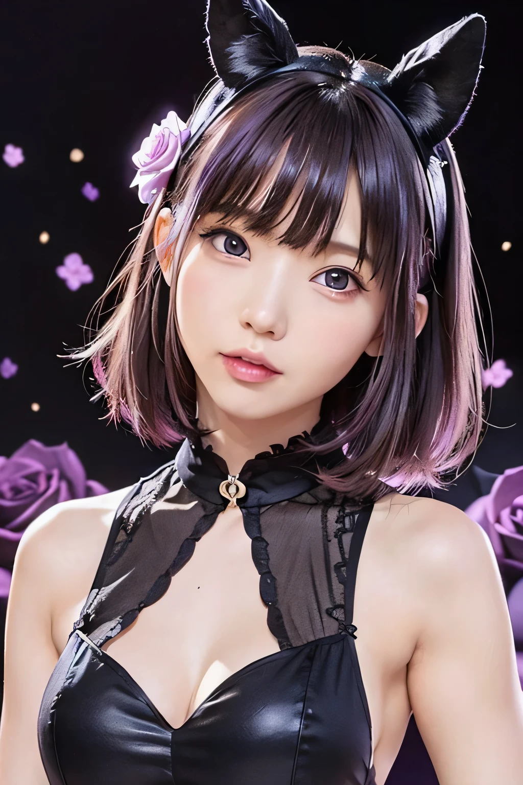 (highest quality, muste piece), (1 girl, alone, black dress, standing , looking at the viewer, purple hair, purple eyes,  closed mouth, ),((purple rose)),   1 girl、flat body、turned into slime、cute type、primary school student&#39;face of、 (background bokeh)、(shine:1.3)、(purple geometric background:1.3)、(head shot)、purple roseを手に持って、purple flowers