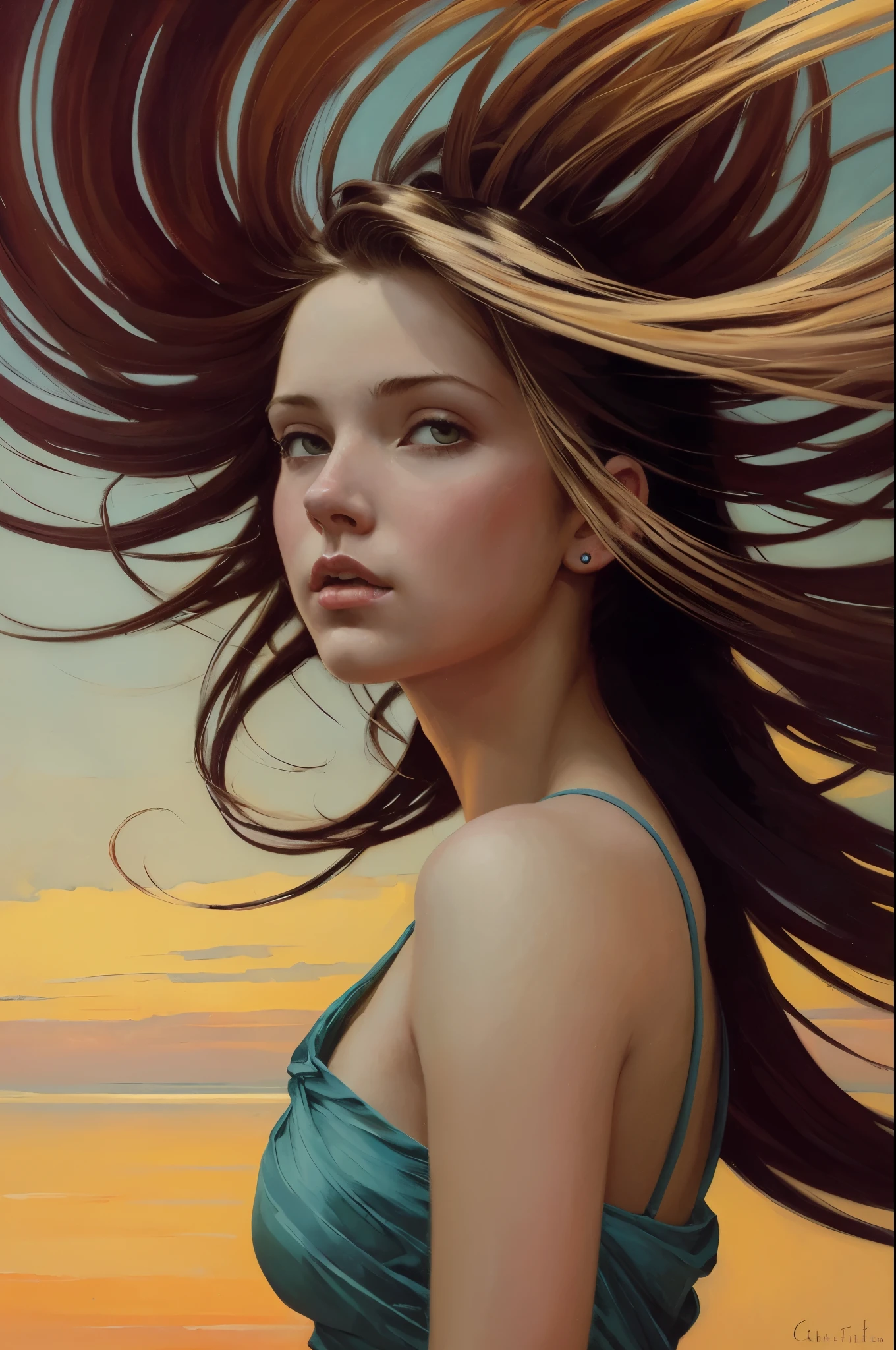 (best quality, Masterpiece:1,1)  a young attractive girl, her hair fluttering in the wind ((by Jeffrey-Catherine-Jones)), (oil painting), Detailed illustration, very colorful, grotesque, Intricate details, tempering, (aesthetics), excitement, hyper-realistic, insanely detailed