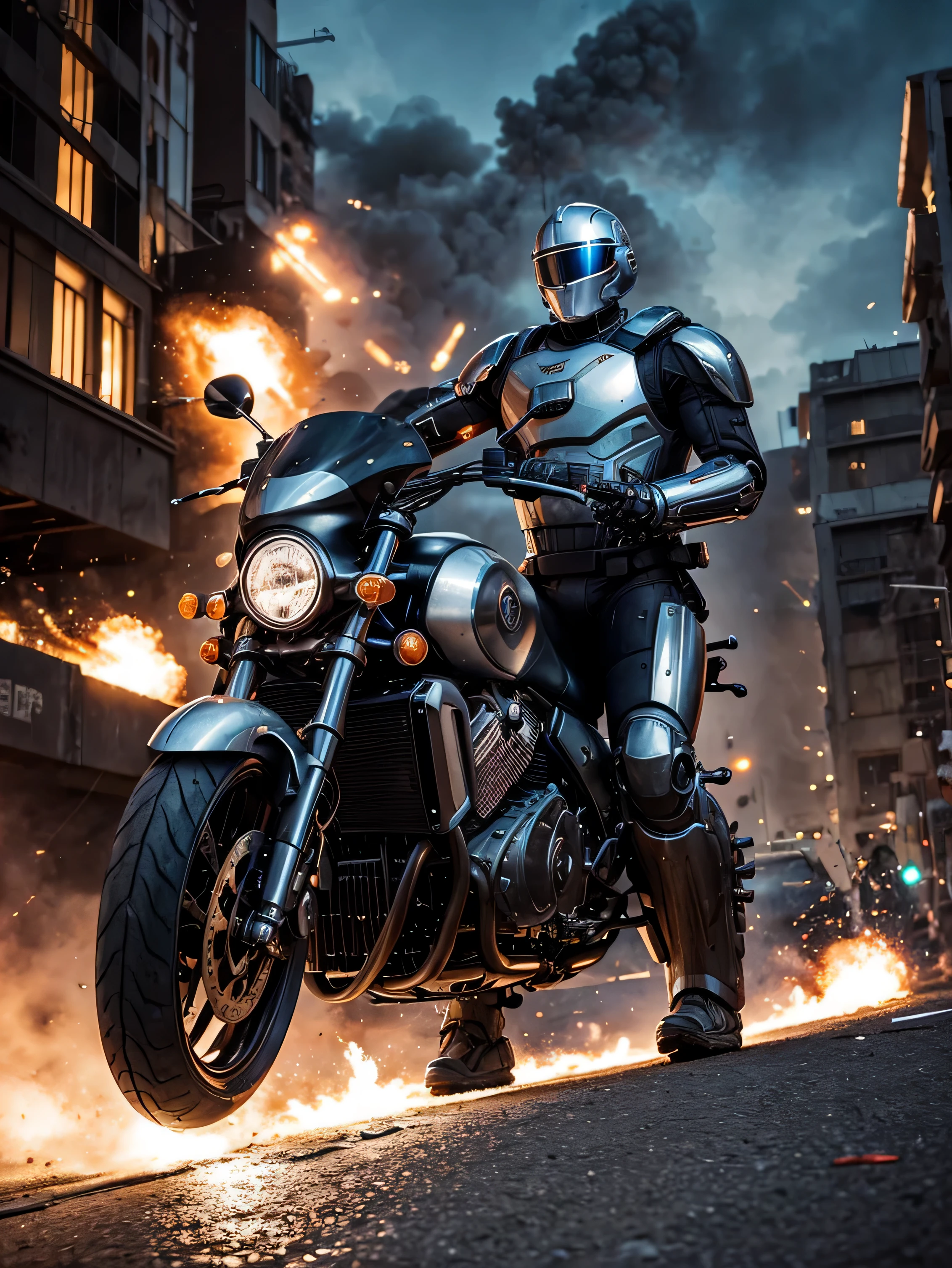 explosions, roupas brancas, capacete completo com viseira , terminador cromado branco como robocop como ciborgue, com arma grande, rebites, an oil painting, rebites, as cores neutras, Paulo Hedley , feliz, action movie poster, belas artes. royo. Vista completa. explosions behind. noite. andando. explosions
