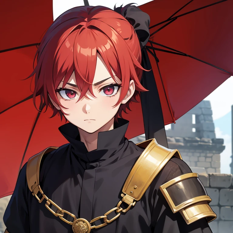 Imagen anime de un chico que tiene ropa medieval que tiene una mirada de odio en sus ojos y esta muy enojado sus ojos son rojos 