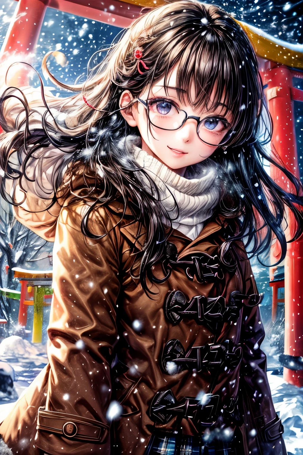 ((worst quality, low quality)), ((Close-up)), (with a girl:1.2), (black haired, shortcut:1.3), (dynamic pose:1.2), (school uniform:1.2),(Wear a dark brown duffel coat on top.:1.4), (body fit beige cardigan:1.2), (white collared shirt underneath:1.3), ((raise button, Doesn't come loose):1.5),(red plaid pleated skirt:1.3), (cool glasses, under rim:1.2), ((dark brown baker's fur):1.2), plump and glossy lips, beautiful clear eyes, (best smile), spoken heart, head tilt, (Falling snow:1.5), (light particles, shine of light:1.4), (( Japanese torii gate background)), high angle shot, muste piece, best quality, Super detailed,