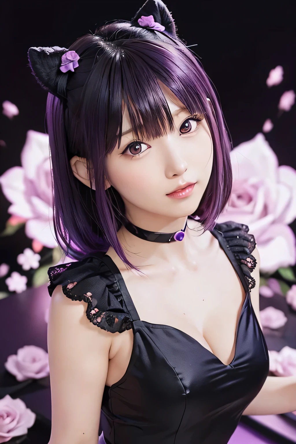 (highest quality, muste piece), (1 girl, alone, black dress, standing , looking at the viewer, purple hair, eyes are purple, closed mouth, ),((purple rose)), 1 girl、flat body、turned into slime、cute type、primary school student'face of、 (background bokeh)、(shine:1.purple geometric background:1.3)、(head shot)、purple roseを手に持って、purple flowers