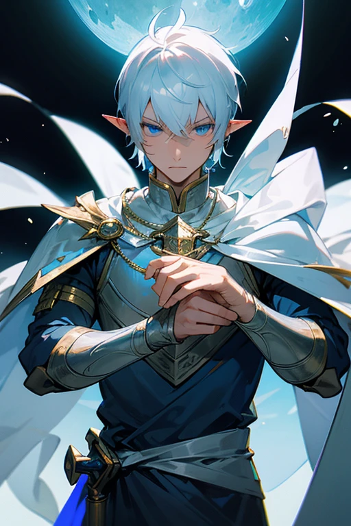 ultra-detailed, pointy ears, white hair, blue eyes, short hair, wears silver armor on his chest, on his sleeves he wears a white fabric up to his hands, wears silver bracelets on his two hands, wears a blue cape with gold decorations on the back, holding in his hand a silver sword, the cloth is the moon, a face, ethereal lighting, mystical atmosphere, vibrant colors