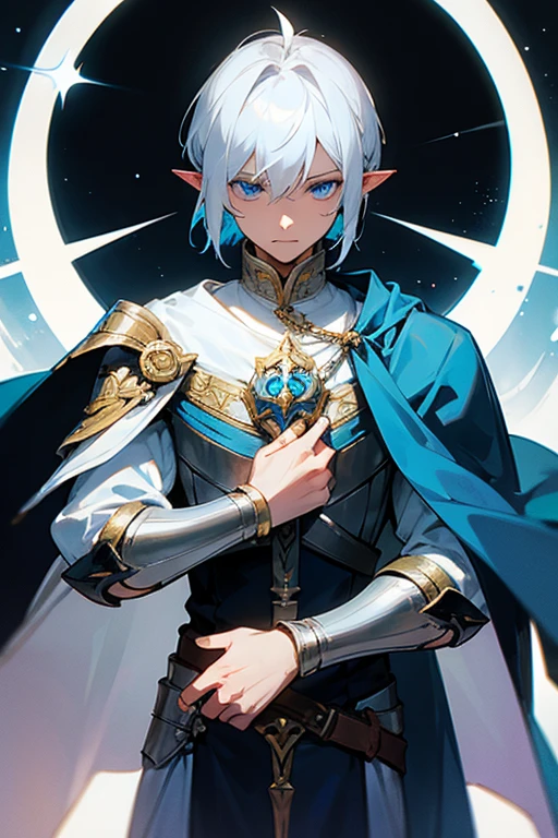 ultra-detailed, pointy ears, white hair, blue eyes, short hair, wears silver armor on his chest, on his sleeves he wears a white fabric up to his hands, wears silver bracelets on his two hands, wears a blue cape with gold decorations on the back, holding in his hand a silver sword, the cloth is the moon, a face, ethereal lighting, mystical atmosphere, vibrant colors