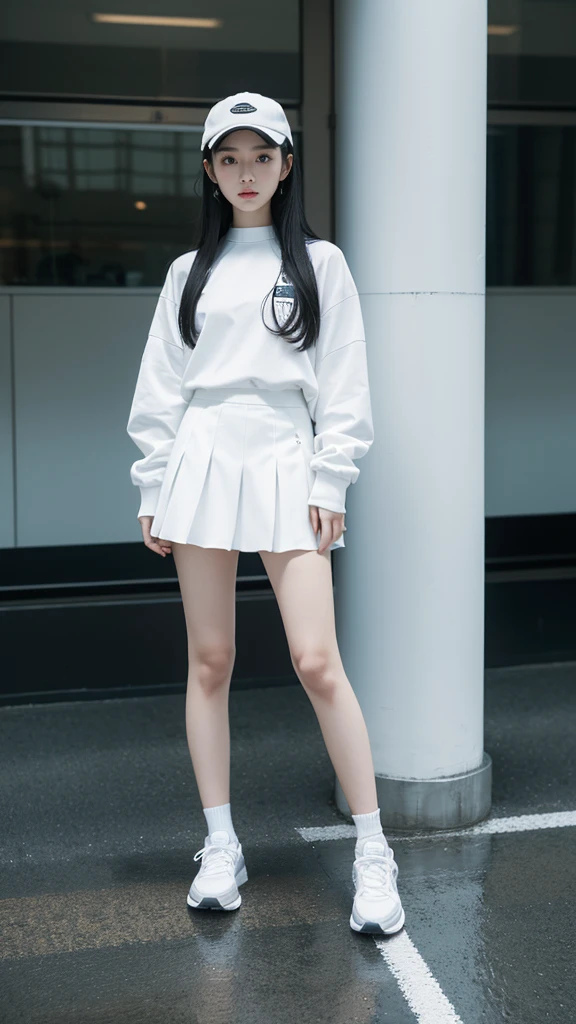 real person,girl,long black hair,stand,white peaked cap,White clothes,white skirt,long legs,sports shoes,calm,Hands hang naturally,There's a humanoid mecha behind him,standing on black platform,Delicate face