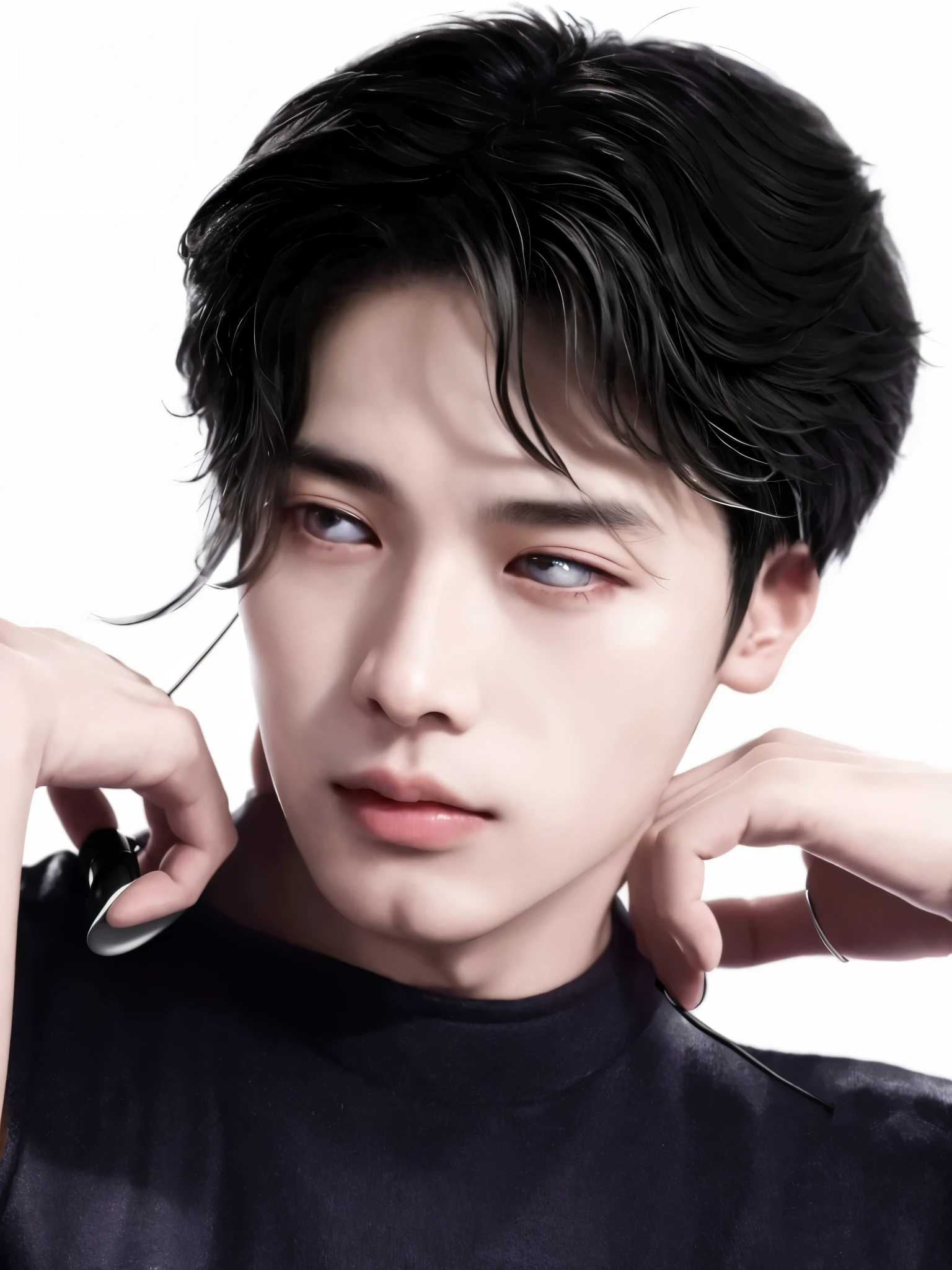 there is a man who is putting on a pair of headphones, cai xukun, yanjun chengt, Jung Jaehyun, inspirado en Yanjun Cheng, inspirado por Zhang Han, toru furuya, inspirado por Xiao Yuncong, kpop idol portrait, inspirado por Bian Shoumin, xqc, artista coreano, guapo impresionante realista