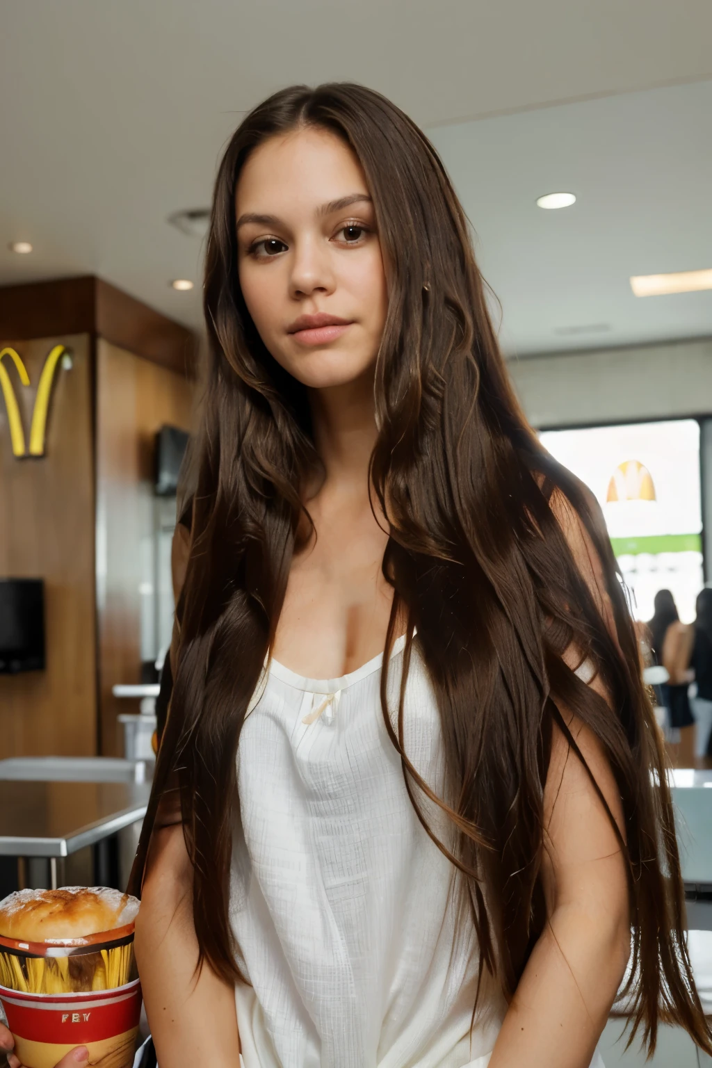 masterpiece, best quality, ultra high res, (photorealistic:1.4), RachelBilson, (long straight hair:1.2), (looking into camera:1.2), (gently brush hair from face:1.2), shiny skin, beautiful girl at mcdonald's