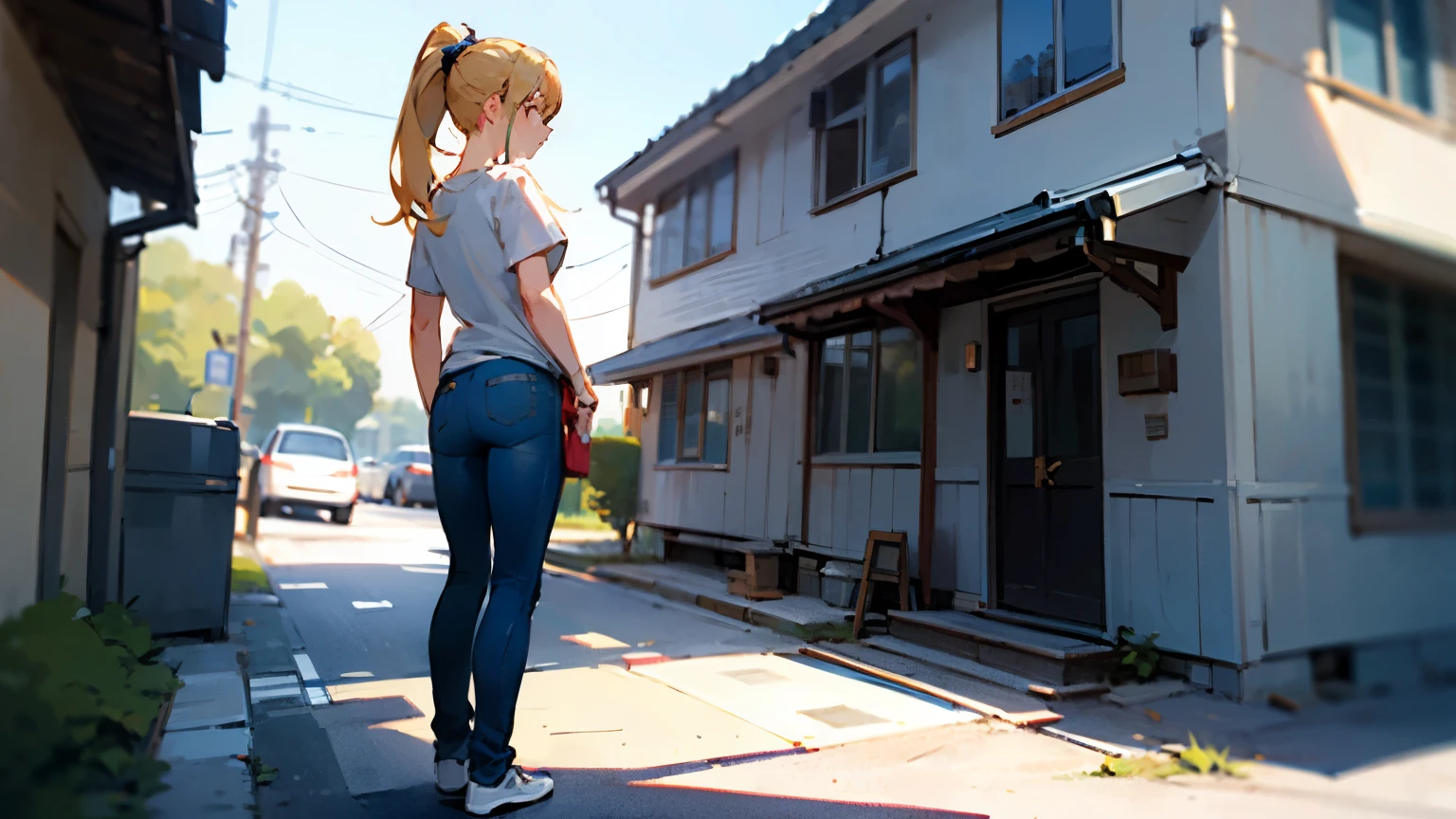((best quality)), ((masterpiece)), (detailed), perfect body, jeans and white t-shirt on, woman standing and looking on house from sidewalk, blond, ponytail, full body in scene in center of image, view on scene from down back, sunny day,