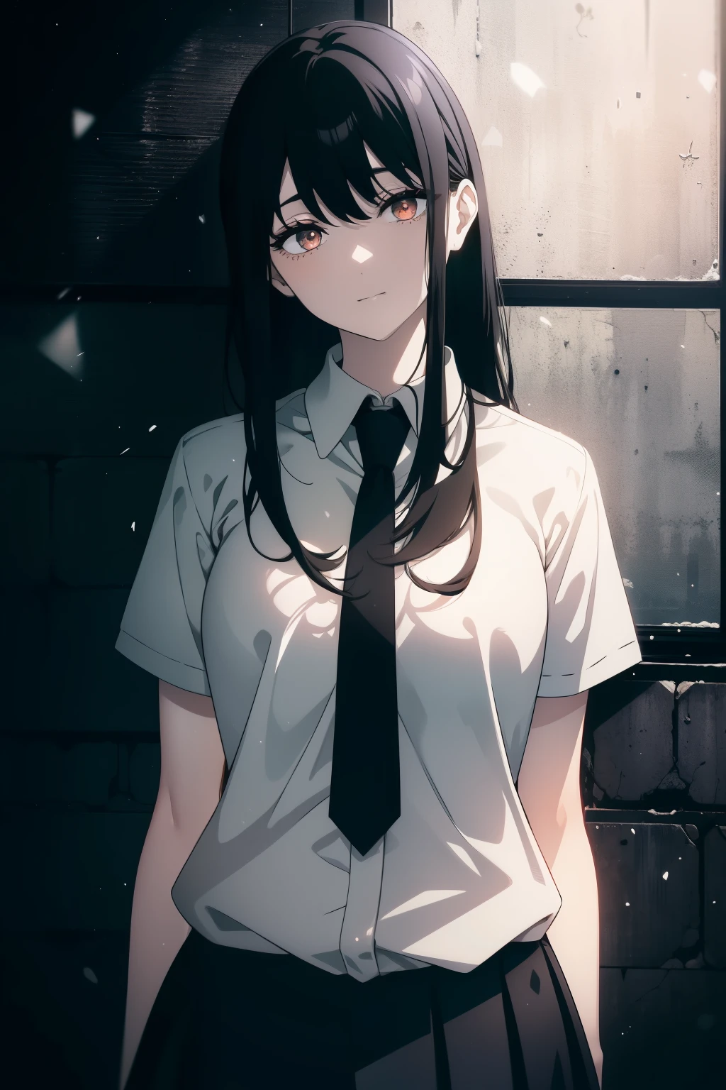 (Obra maestra, La mejor calidad, ultrahigh resolution), 1girl, standing, school uniform, white office shirt, black pleated skirt, (((black hair, dark black hair))), long hair cut, pale skin, ((brown eyes)), glowing_eyes, neon eyes, (ultra detailed eyes:0.7, beautiful and detailed face, detailed eyes:0.9), ((centered)), smile, ((wide shot)), facing viewer, eye level, ((vibrant background, snowy landscape, cityscape, snowing, snow)), flat chested, looking at viewer, ((half closed eyes)), ((perfect hands)), (((head:1, arms, hips, elbows, in view))), ((hands behind back)), empty eyes, beautiful lighting, outside, outdoors, background, defined subject, 25 years old, (head tilt)
