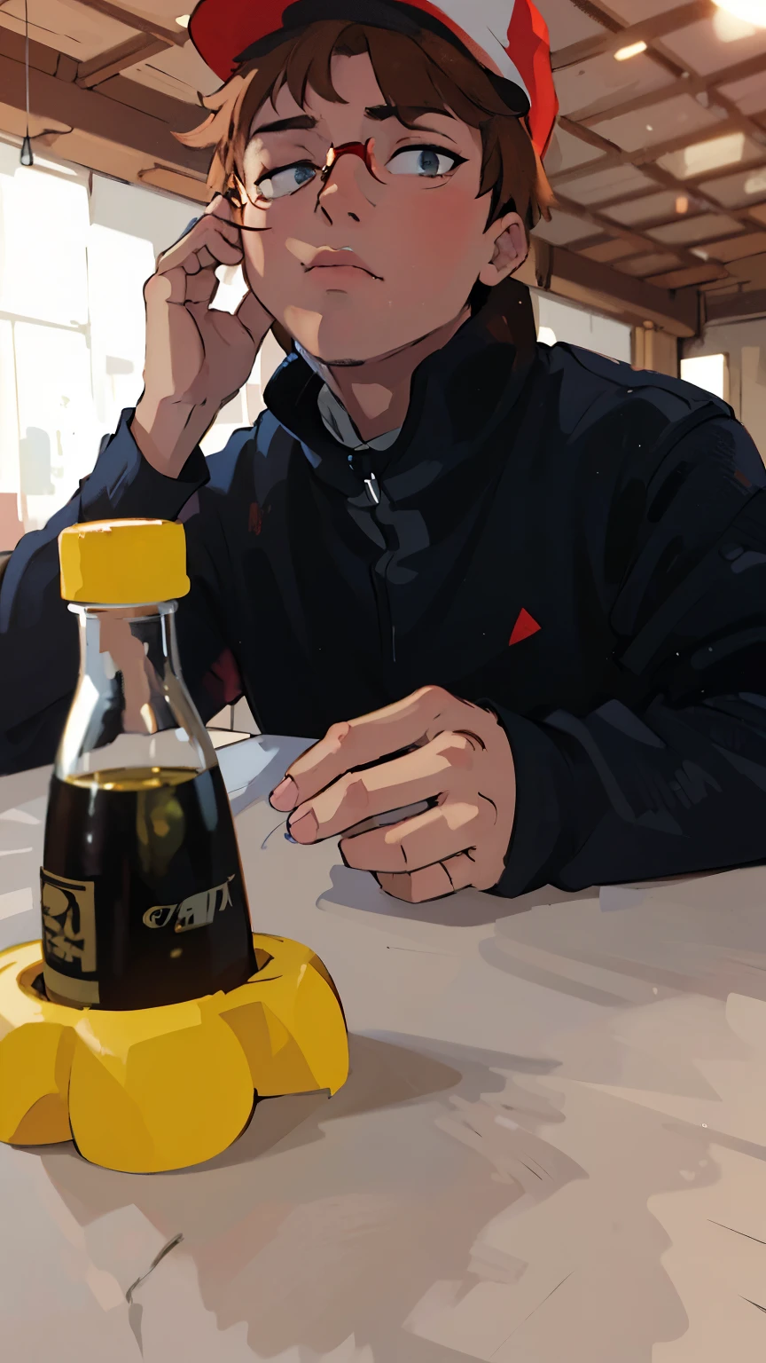 (best quality,realistic),boy with hand on head wearing cap, headphones on neck wearing glasses,anime style Jujutsu Kaisen,strong colors,sharp lighting,vibrant atmosphere