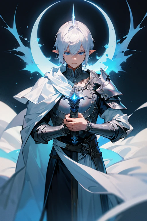 ultra-detailed, pointy ears, white hair, blue eyes, short hair, wears silver armor on his chest, on his sleeves he wears a white fabric up to his hands, wears silver bracelets on his two hands, wears white fingerless gloves, wears a blue cape with golden adornments on the back, in one of his works he wears silver shoulder armor, holding in his hand a silver sword, the cloth is the moon, a face, ethereal lighting, mystical atmosphere, vibrant colors