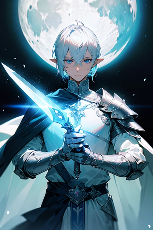 ultra-detailed, pointy ears, white hair, blue eyes, short hair, wears silver armor on his chest, on his sleeves he wears a white fabric up to his hands, wears silver bracelets on his two hands, wears white fingerless gloves, wears a blue cape with golden adornments on the back, in one of his works he wears silver shoulder armor, holding in his hand a silver sword, the cloth is the moon, a face, ethereal lighting, mystical atmosphere, vibrant colors