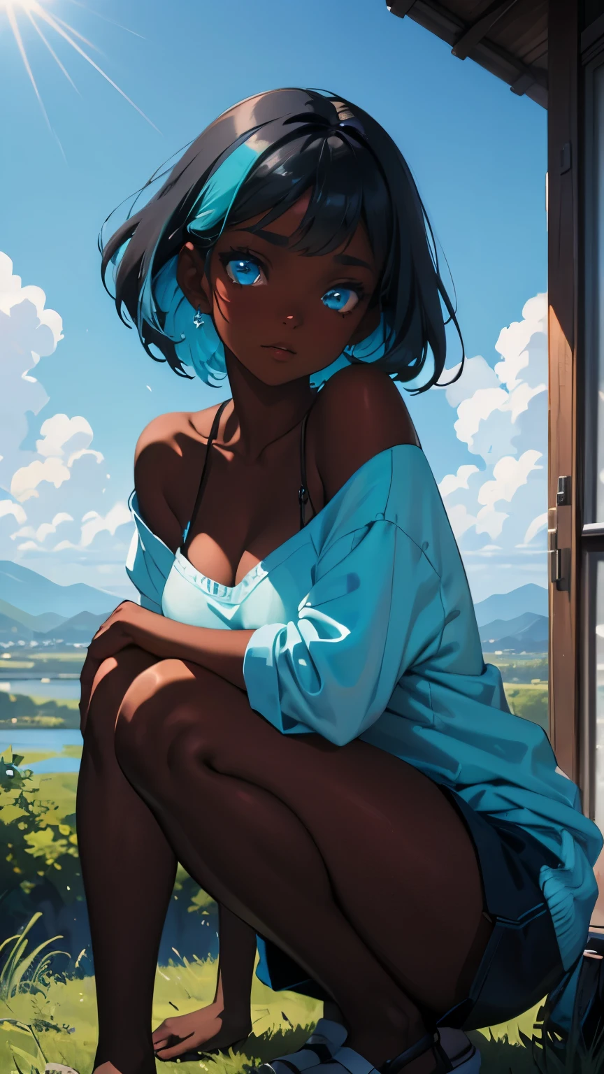 Pretty black woman sitting on a hillside, soft hair, funkypop, cyberdelic, grunge, hyperrealistic anime, lofi art, luminism, manga, medium shot, chemiluminescence, flare, flourescent lightin, character design, atey ghailan, basquiat, colorful_frequencies, electric colors, iridescent, dynamic pose, nouveau realisme, city background, african american, 