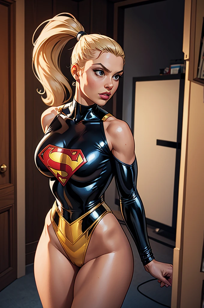 woman, superhero, ponytail,latex leotard, neutral scenario