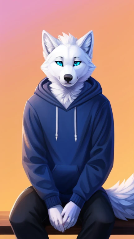 arafed image of a white samoyed dog with blue eyes and a hoodie, anthro art, an anthro wolf, fursona art, commission for high res, furry art!!!, fursona furry art commission, furry fursona, very very beautiful furry art, furry wolf, anthro portrait, fursona commission, furry art, in a hoodie, sitting, full body view!!!!