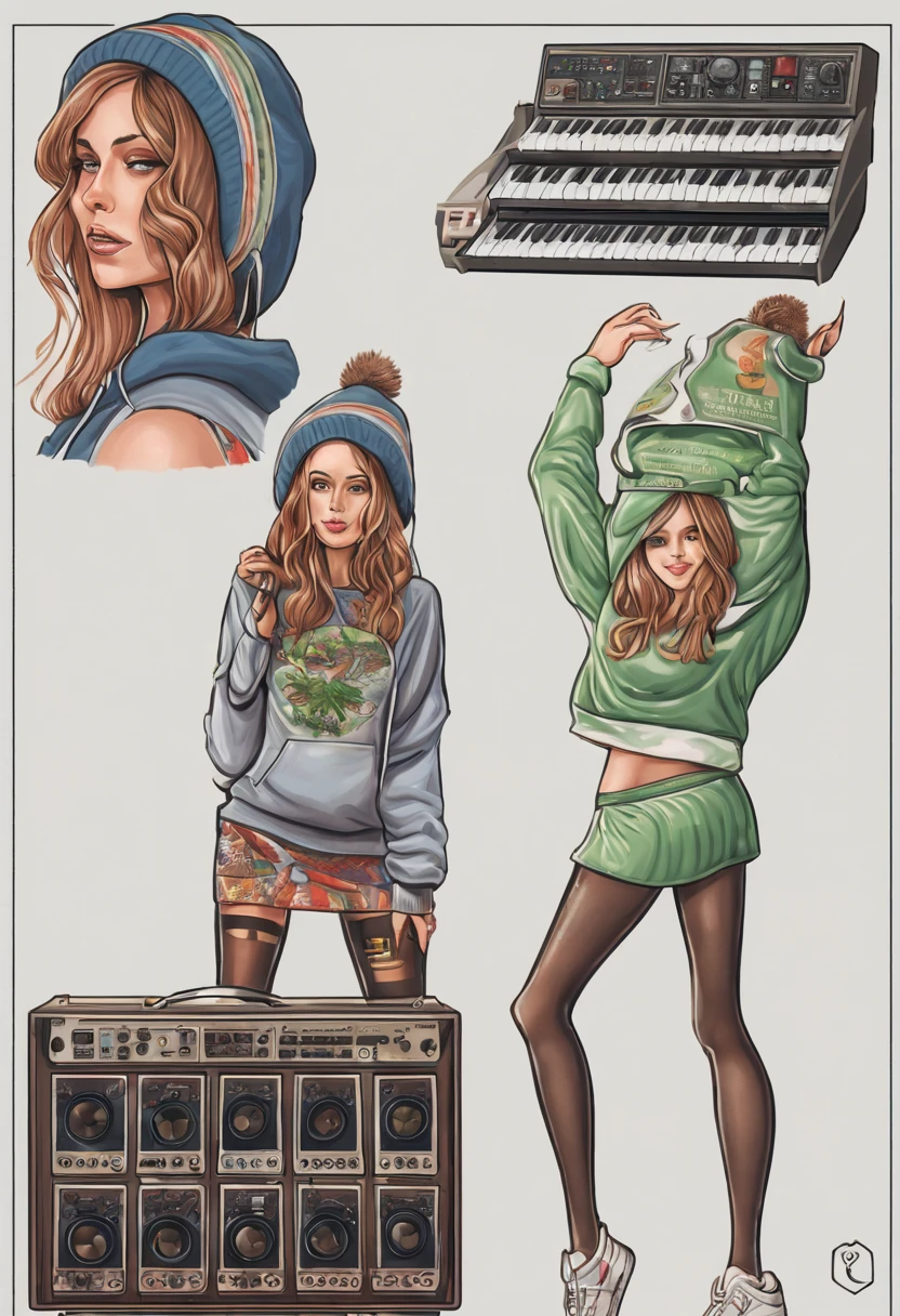 beautiful aroused woman with brunette hair and cannabis beanie and hoodie and pantyhose and skirt and sneakers is fascinated by a modular synthesizer, cartoon-like illustration, highly-detailed, trending on artstation, seductive smile, naughty face, head wreath, fading border, wide shot, from behind, best quality, anatomically correct, masterpiece, super detail, best quality, highres